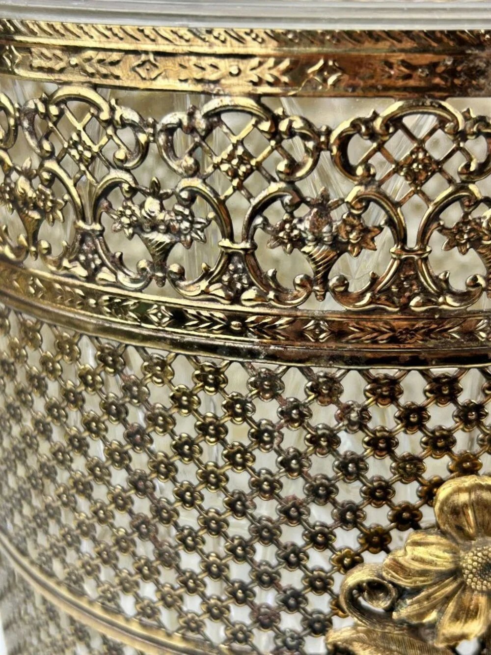 Gold Filigree Ormolu Rose Trash Can Waste Bin Clear Liner Hollywood Regency MCM